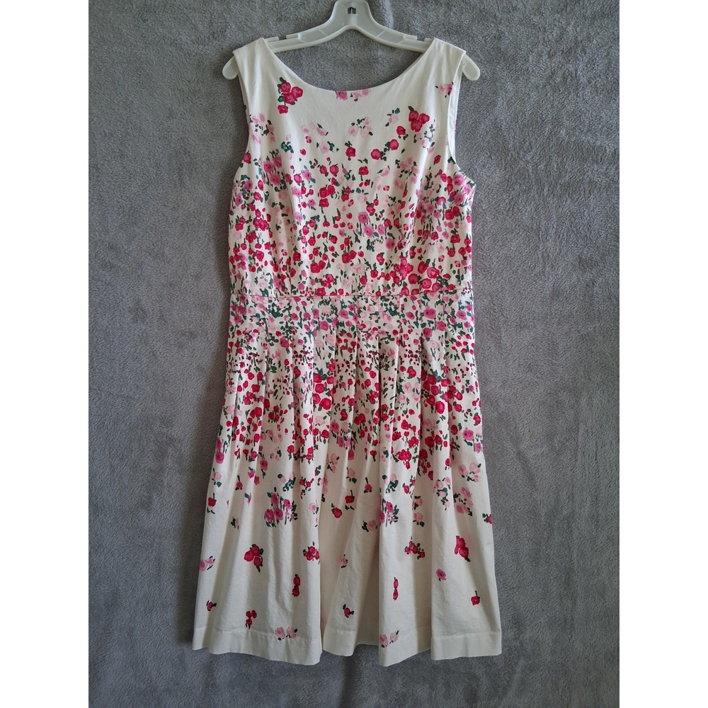 RSVP Talbots Floral Fit Flare Dress Sz 12 Cream Pink Rose Garden Pockets Summer
